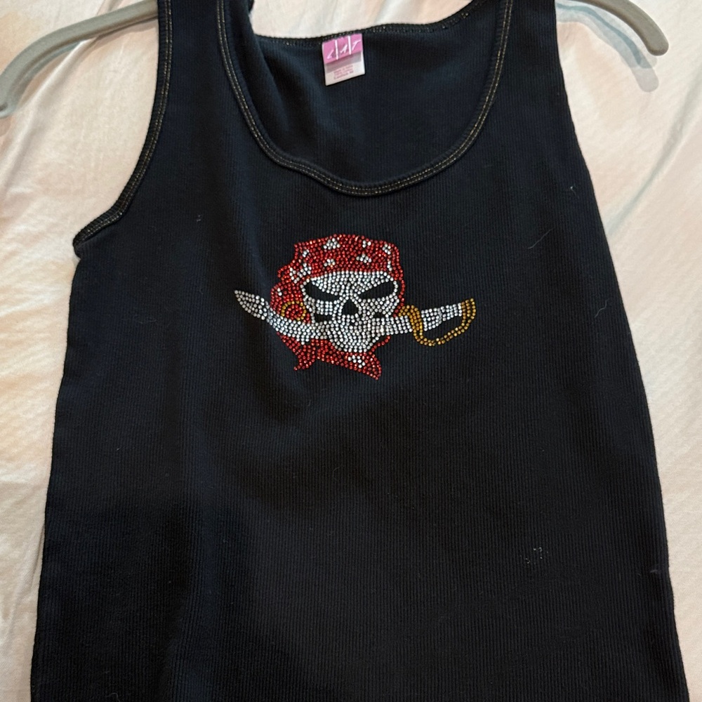 Black Girls' Tank Top with Rhinestone Pirate Skull